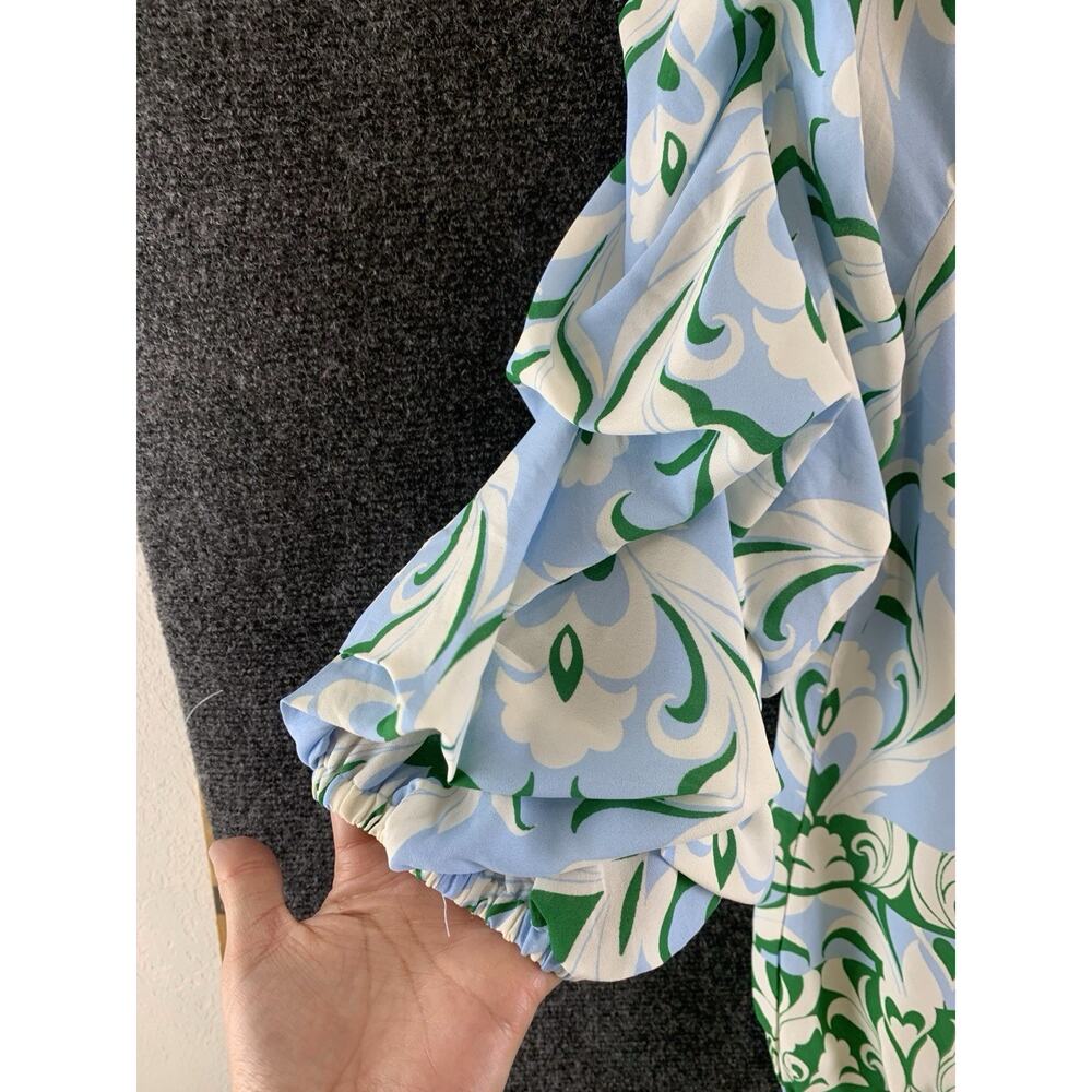 CeCe Ruffle Sleeve Blouse L Damask Blue Green Off Shoulder Smocked Waist Top New - Picture 5 of 10